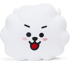 a white cloud shaped pillow with a red tongue and eyes on it's face