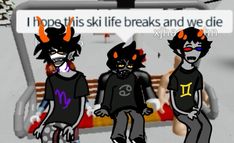 three cartoon characters are standing in front of a sign that says hope this is ski life breaks and we die