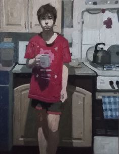 a painting of a boy standing in the kitchen