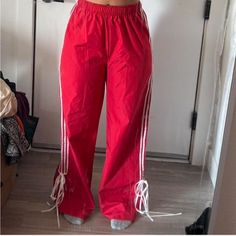 Wide Leg Red And White Laces Track Pants #Widelegpants #Trackpants Never Worn, Only Once To Try On Shein Pants, Pants Color, Try On, Track Pants, White Lace, Wide Leg Pants, Pant Jumpsuit, Red White, Red And White