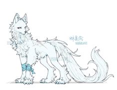 a drawing of a white wolf with long hair and blue boots on it's legs