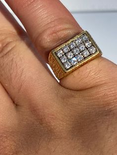 "Pacific Jewelry Presents, Handmade Italian Diamond cluster ring in textured 18k gold setting with a smooth, double rhodium plated finish. All 15 stones are VS2 clarity natural Diamonds. Eye clean and colorless. Created and designed to last a lifetime, this ring is a timeless piece of heirloom quality. Message me for certificate of appraisal. <> ✔ Natural, genuine Diamonds ✔ Made in Italy ✔ Setting: 18k Yellow Gold ✔ 15 Round Diamonds ✔ Diamond Carat: 0.65 carats ✔ Diamond Color: G ✔ Diamo Pinky Ring Diamond, Mens Pinky Ring, Square Earrings Studs, Mens Ring, Diamonds And Gold, Emerald Earrings, Square Earrings, Diamond Cluster Ring, Pinky Ring