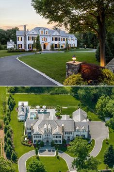 two different views of a large house with trees in the front yard and an aerial view of