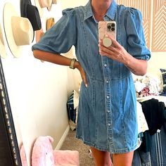 Cutest Button Down Denim Dress. Super Soft. Never Worn. Washed Blue Denim Button-up Dress, Spring Medium Wash Button-up Denim Dress, Spring Denim Dress By H&m, Medium Wash Fitted Button-up Denim Dress, H&m Denim Dresses For Spring, H&m Spring Denim Dress, Denim Puff Sleeve Dress For Day Out, Denim Dress With Puff Sleeves For Day Out, Puff Sleeve Denim Dress For Day Out