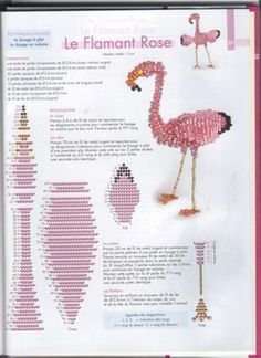 a pink flamingo is shown in the cross stitch pattern, with instructions to make it