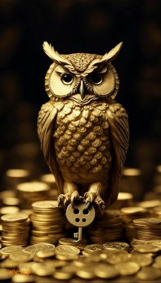 an owl sitting on top of a pile of gold coins