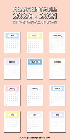 the free printable 2020 - 2021 mid year calendar is shown on a pink background