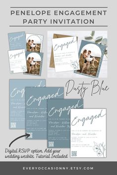 Engagement photo with 3 shades of dusty blue, shown with mix and match color variations and digital rsvp qr code option. Blue Wedding Pallet, Seller Tips, Rustic Bride, Groom Looks, Dusty Blue Weddings