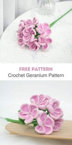 crochet geranium flowers on a table with text overlay that says free pattern