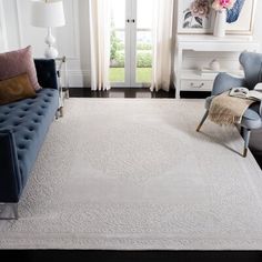 a living room filled with furniture and a white rug