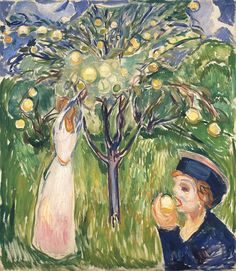 a painting of two people standing in front of a tree with lemons on it