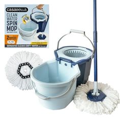 a mop, bucket and cleaning supplies on a white background