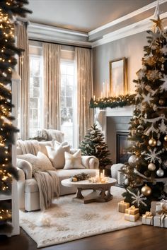 a living room decorated for christmas with white and gold decorations