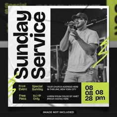 a flyer for a concert with a man holding a microphone in front of the audience