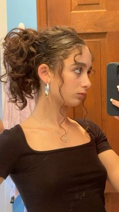 Fancy Hairstyles Medium Length, Short Curly Hair Styles Updo, Short Curly Hair In Ponytail, Cute Marching Band Hairstyles, Medium Length Hairstyles Updo, Hair Styles For Messy Curly Hair, Curly Hair Inspiration Short, Cute Winter Curly Hairstyles, Slightly Wavy Hairstyles