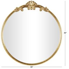 the measurements for a round mirror with an ornate frame and gold trimmings on it