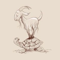 a drawing of a goat riding on top of a tortoise shell with another turtle nearby