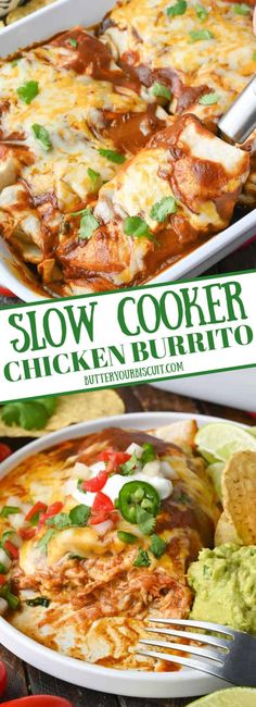 two white plates filled with chicken burritos and guacamole chips next to a green sign that says slow cooker chicken burrito