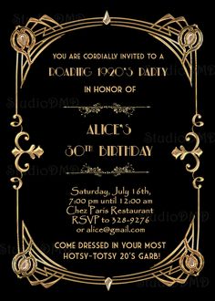 a black and gold birthday party card with the words roaring 20s's party on it