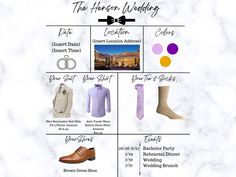 the wedding dress code is shown with different colors and styles, including purple, white, blue