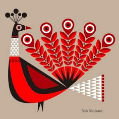 a red and black bird with many circles on it's head is surrounded by plants