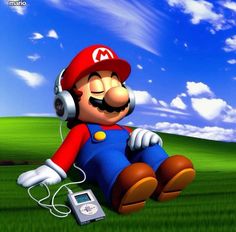 a cartoon character sitting in the grass with headphones on, listening to an mp3 player