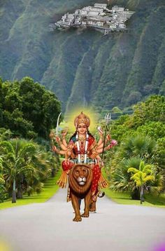 the god is riding on top of a lion in front of some trees and mountains