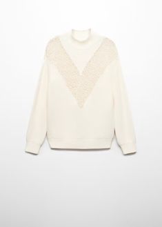 Cotton-blend fabric. Medium knit. Straight design. High collar. Long puffed sleeves. Unclosed. Openwork details. Cable knit finish. Fabric Medium, Puffed Sleeves, Knitted Sweater, High Collar, Cable Knit, Knitted Sweaters, Mango, Cable