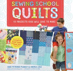 the cover of sewing school quilts, featuring two young boys and girl in front