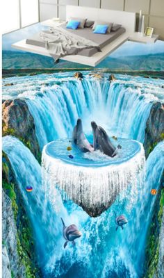 two dolphins swimming in the water next to a waterfall with waterfalls and fish on it