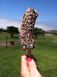 a hand holding an ice cream covered in sprinkles on top of a green field