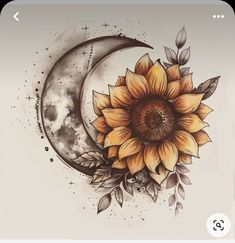 a sunflower and moon tattoo on a white background