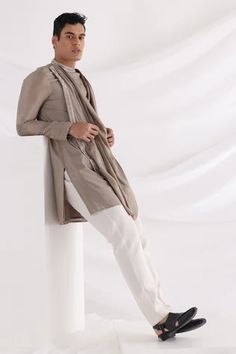 Shop for Smriti by Anju Agarwal Beige Overlap Draped Kurta Set for Men Online at Aza Fashions Fitted Long Sleeve Kurta For Transitional Season, Festive Long Sleeve Kurta, Fitted Kurta With Set-in Sleeves For Eid, Fitted Kurta With Set-in Sleeves For Festive Occasions, Designer Long Sleeve Cotton Silk Kurta, Fitted Long Sleeve Kurta For Eid, Designer Long Sleeve Kurta For Festive Occasions, Festive Fitted Kurta With Set-in Sleeves, Festive Long Sleeve Fitted Kurta