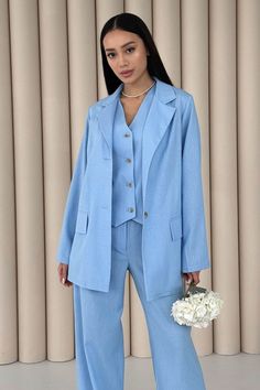 Blue Linen 3 Piece Suit Stylish three-piece linen suit - jacket, vest and trousers.  Classic straight-cut women's jacket for summer. Unlined model made of high quality linen fabric. There are flaps on the front. Thanks to the specially selected style, this women's jacket will look great on any silhouette. A basic vest made of linen fabric is always elegant and sophisticated. The model has a classic cut, fastens with buttons on the front and ties on the back. The vest can be worn as an independen Womens Three Piece Suit, Tailored Three-piece Suit For Spring With Long Sleeves, Spring Single Breasted Sets For Workwear, Spring Three-piece Suit With Notch Lapel For Work, Spring Workwear Three-piece Suit With Notch Lapel, Summer Suit Collar Sets With Pockets, Spring Pantsuit With Single Button And Lapel Collar, Spring Office Sets With Pockets, Spring Office Three-piece Suit With Notch Lapel