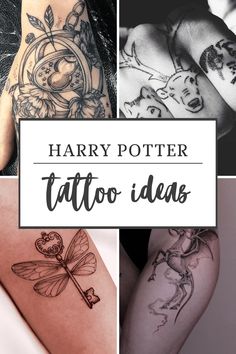 harry potter tattoo ideas on both legs and arms with the words harry potter tattoos above them