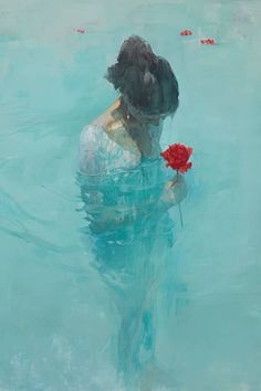 a painting of a woman in the water holding a red flower and looking at her reflection