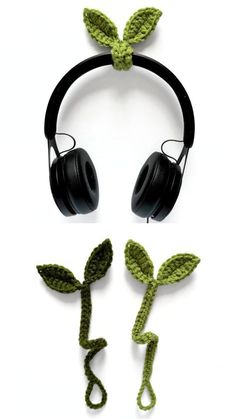 the headphones are made out of yarn and have green leaves attached to each ear