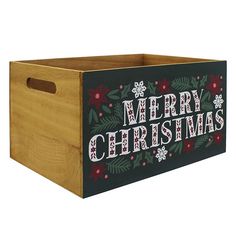 a wooden box with merry christmas lettering on it