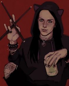 a woman with black hair holding two knives and a drink in her hand while wearing a cat costume