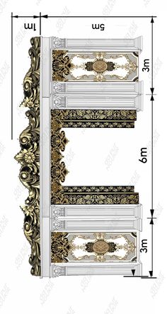 an architectural drawing showing the details for a decorative wall paneling system with gold and white designs