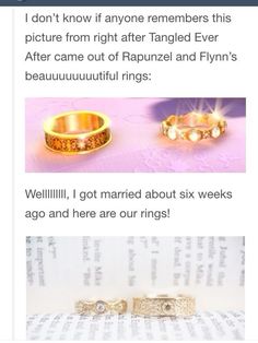 two gold rings and one diamond ring on top of an open book with the caption'i don't know if anyone members this picture from right after tangled ever