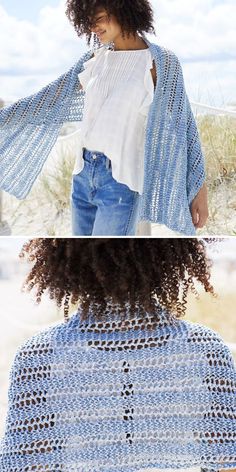 a woman wearing a blue crochet shawl and jeans, standing on the beach