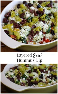 layered greek hummus dip in a casserole dish with olives and feta cheese