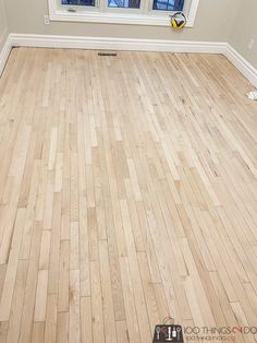 an empty room with hard wood flooring and a cat laying on the window sill