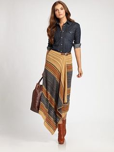 Ralph Lauren Blue Label - Western Denim Shirt and Striped linen/Silk Wrap Skirt- Saks.com Celana Harem, Sukienki Maksi, Rok Outfit, Western Denim Shirt, Trendy Sewing, غرفة ملابس, Sewing Skirts, Ținută Casual, A Skirt