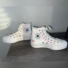 Reposhing This Item I Purchased From @Ssrod22. Loved It, But Ready To Rotate For Something New. Questions? Leave A Comment Below! Converse Platform, Converse White, Womens Converse, Converse Shoes, Womens Shoes Sneakers, Something New, High Tops, Red White, Red And White