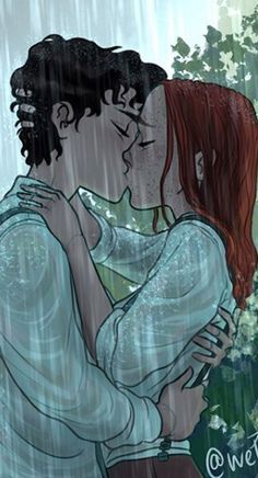 a man and woman kissing in the rain