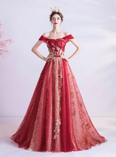 Red And Gold Prom Dress, Red And Gold Prom, Gold Formal Gown, Patty Dress, Short Sleeve Prom Dresses, Gold Prom Dress, Gaun Abad Pertengahan, Queen Summer, Gold Formal Dress