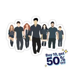 a sticker with the words buy 10 get 50 % off and an image of people