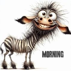 an animal with long hair standing next to a zebra that is smiling and has the words morning on it